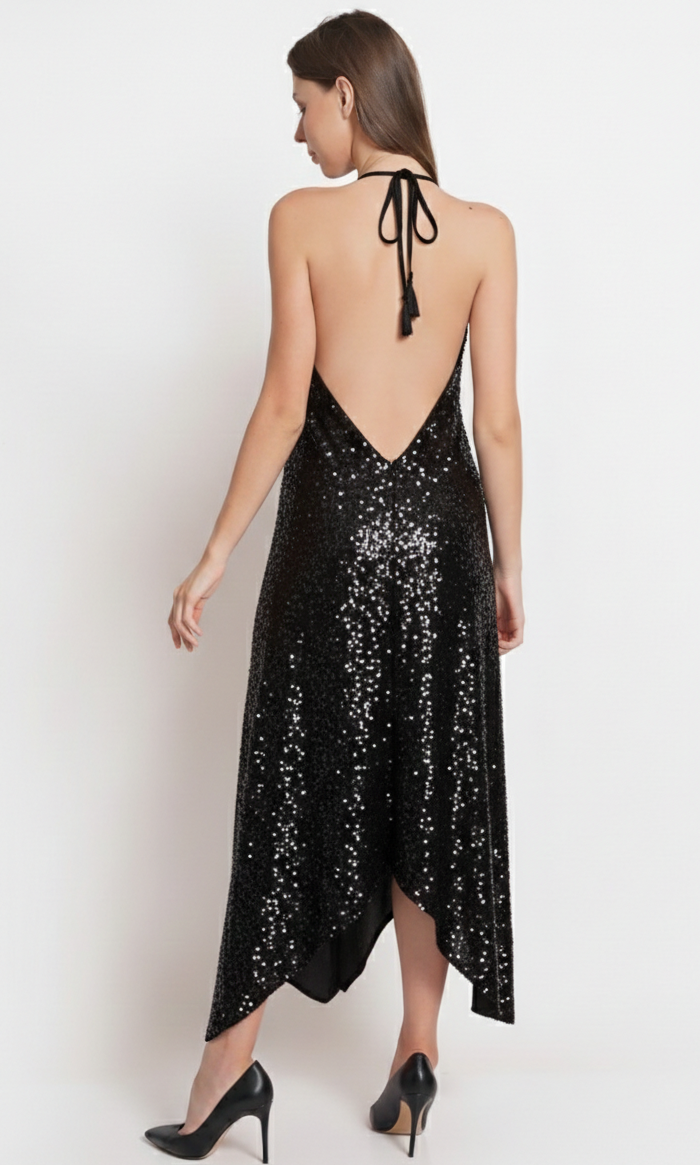 VERA Silk Sequence Long Dress Exclusive Black Handmade Sequencing