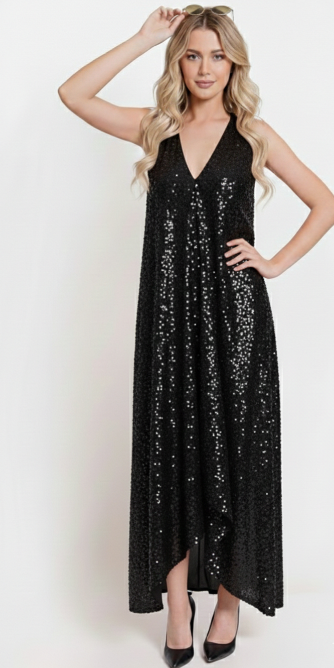 VERA Silk Sequence Long Dress Exclusive Black Handmade Sequencing