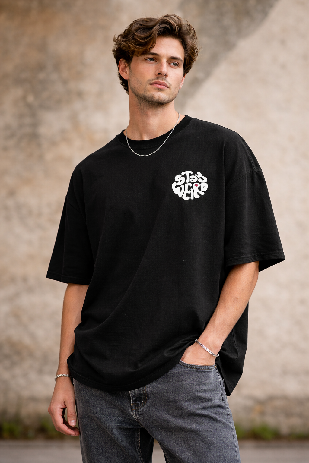 Stay Weird Oversized Black Graphic T-Shirt – Streetwear Back Print Tee