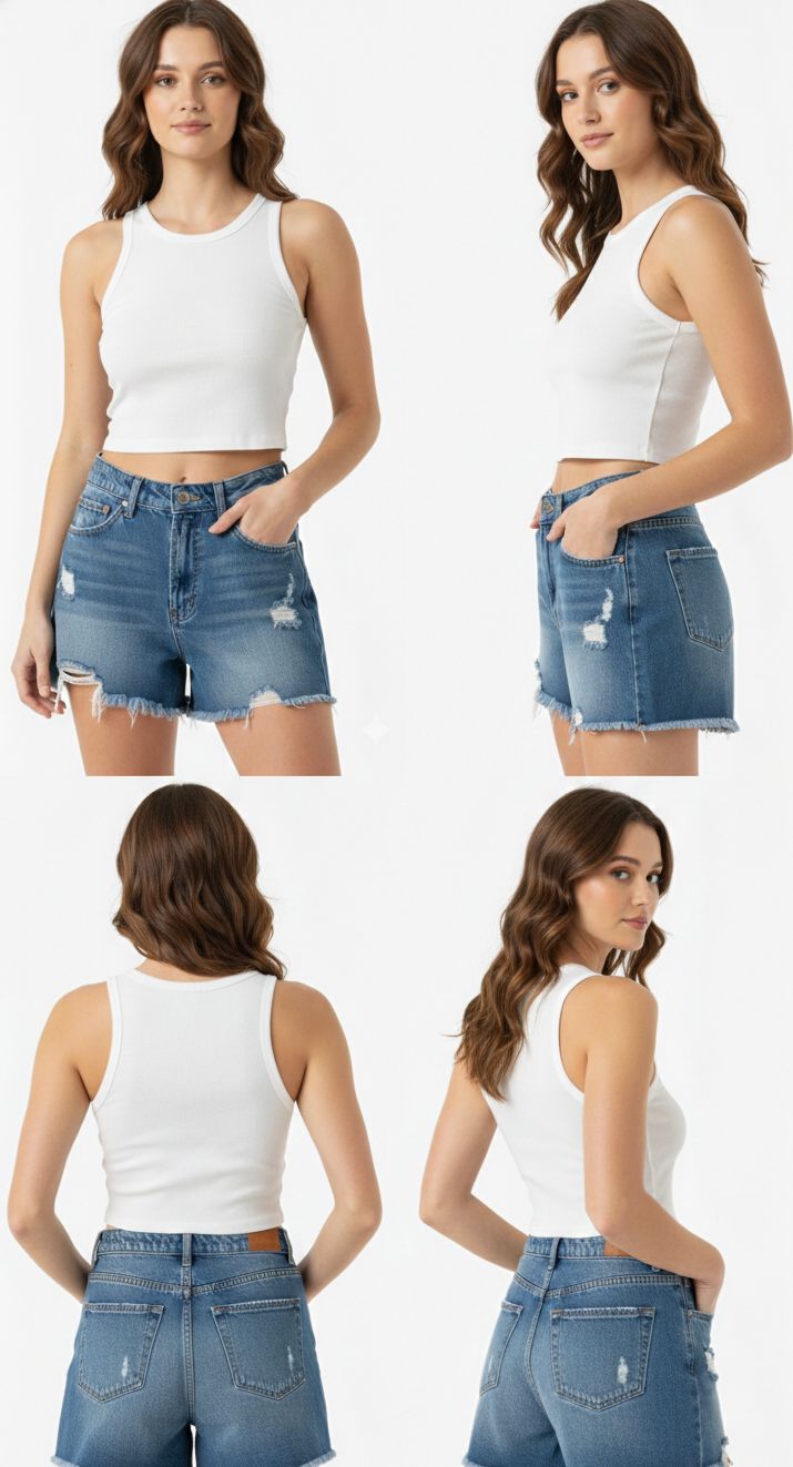 Woman wearing a white tank top and denim shorts from multiple angles on a white background
