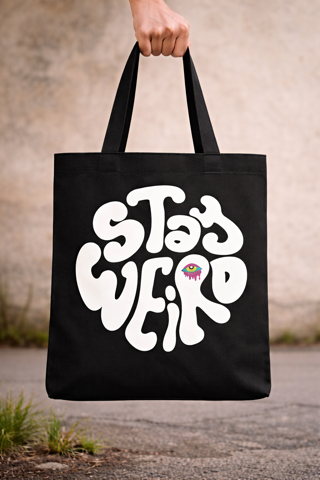 Stay Weird Black Graphic Tote Bag – Large Statement Print