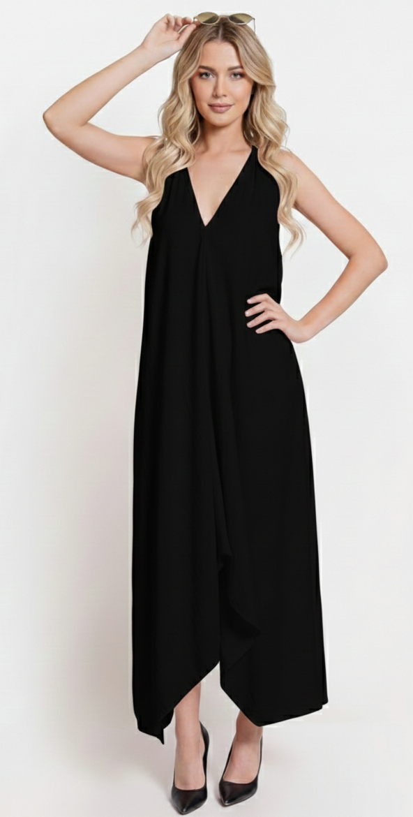 VERA Silk Halter Midi Dress with Open Back (Black)