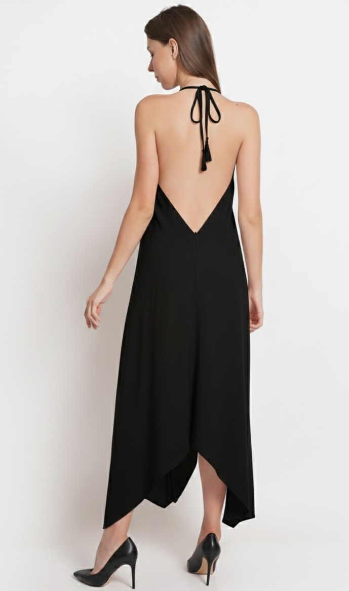 VERA Silk Halter Midi Dress with Open Back (Black)