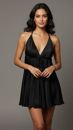 VERA Black Silk Halter Mini Dress with Open Back