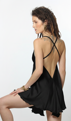 VERA Black Silk Halter Mini Dress with Open Back