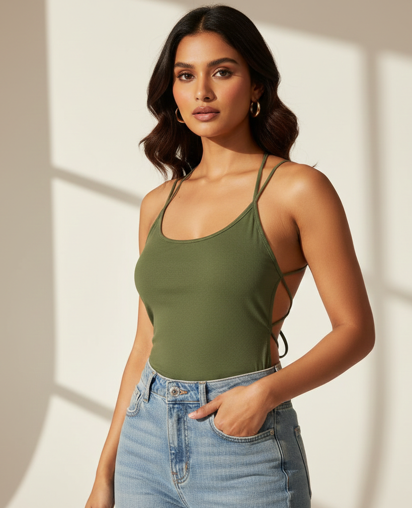 VERA Olive Green Top, Lace Back