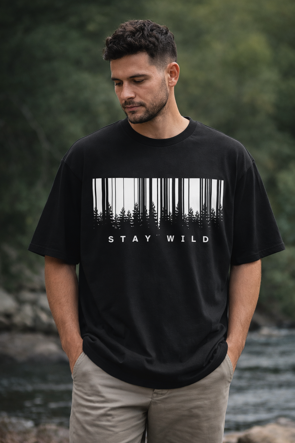VERA Stay Wild Oversized Black Graphic T-Shirt – Forest Barcode Design